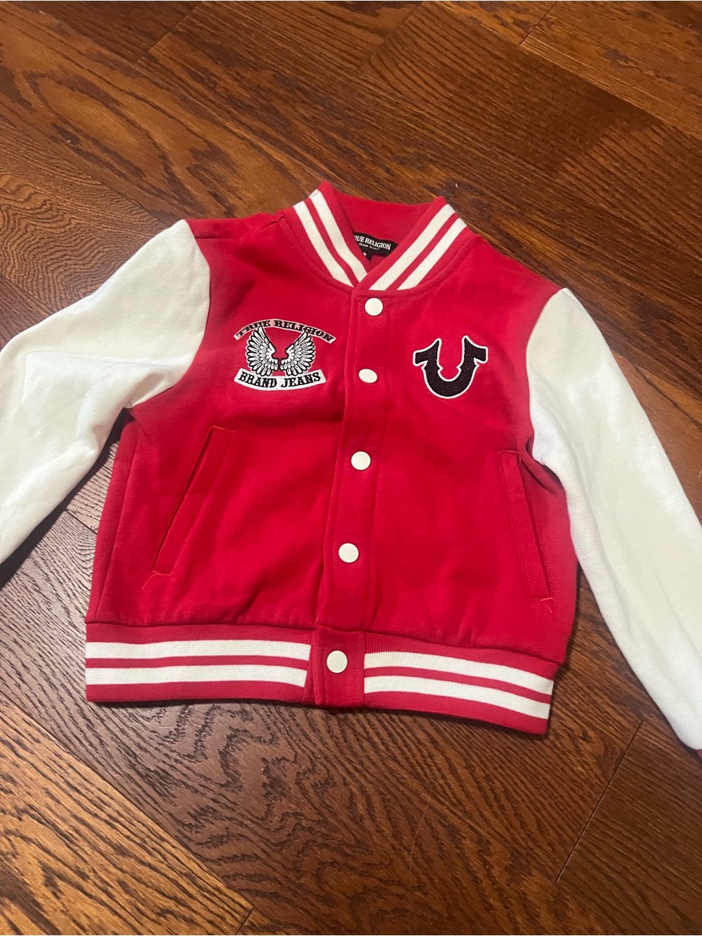 True Religion Kids Red and White Letterman Jacket